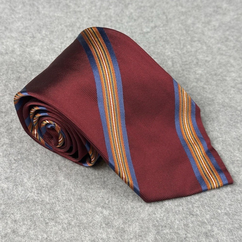 Luigi Borrelli Napoli Silk Tie Burgundy Blue Gold Stripe Italy Made 60x4"